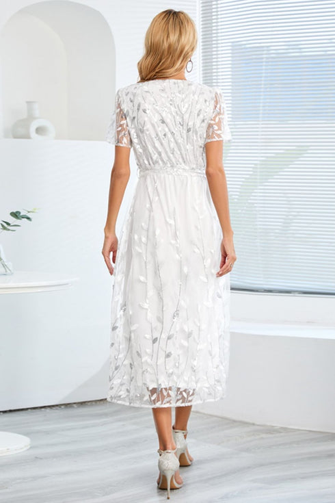 sequin-leaf-embroidery-tie-front-short-sleeve-dress Sophia's Trends - Sophia's Style-Tan-M